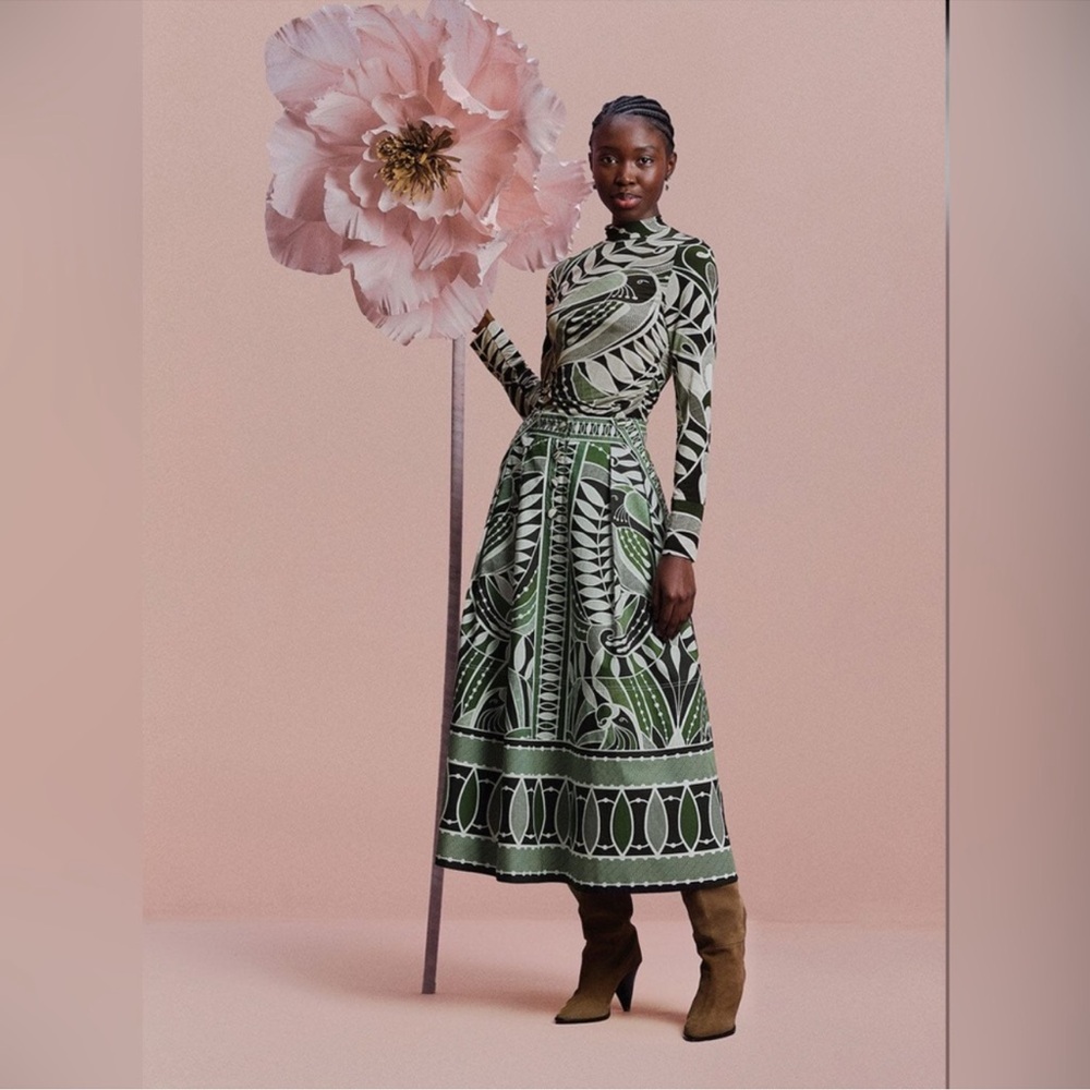 FARM Rio Green and White Botanical Maxi Skirt